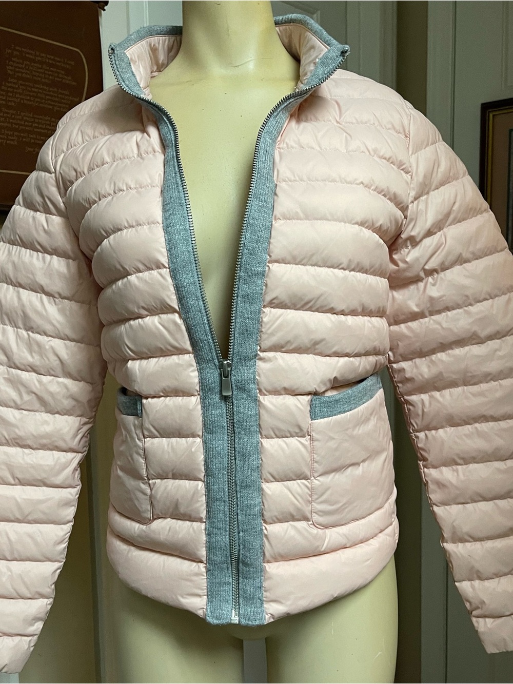 Light Pink Valencia Quilted Puffer Jacket with Gray Trim - Picture 2 of 8